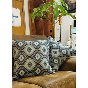 Two 20” Textured Blue Geometric Gold strand brown tweed backed quality pillows